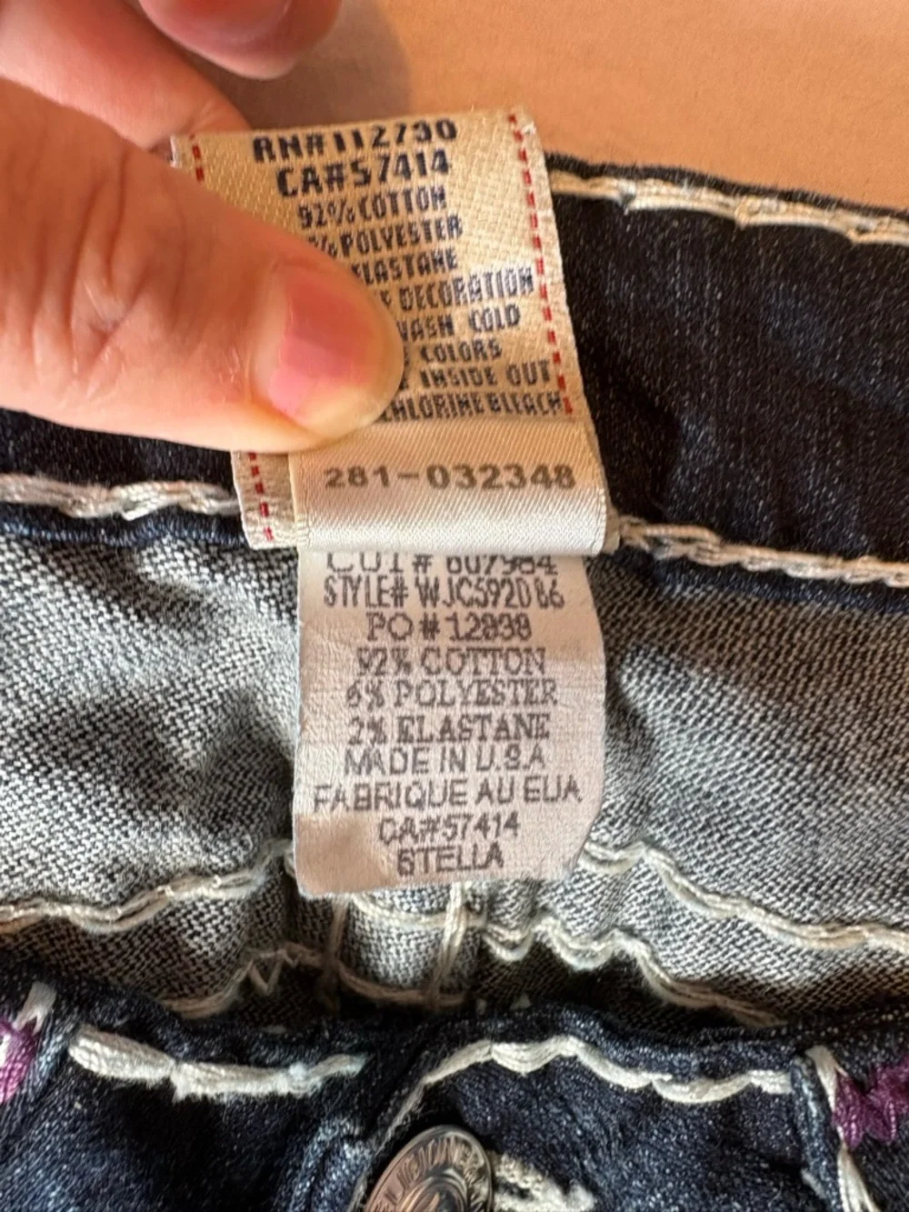True Religion Dark Blue Skinny Jeans with White Stitching and Purple Patch - Picture 4 of 12